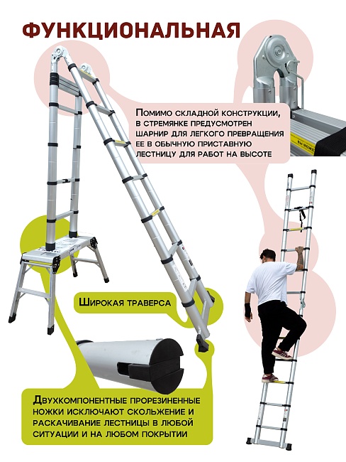 Лестница телескопическая двухсторонняя с шарниром Alumet DTLH 2,5+2,5 фото 4