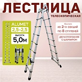 Купить Лестница телескопическая двухсторонняя с шарниром DTLH 2,5+2,5